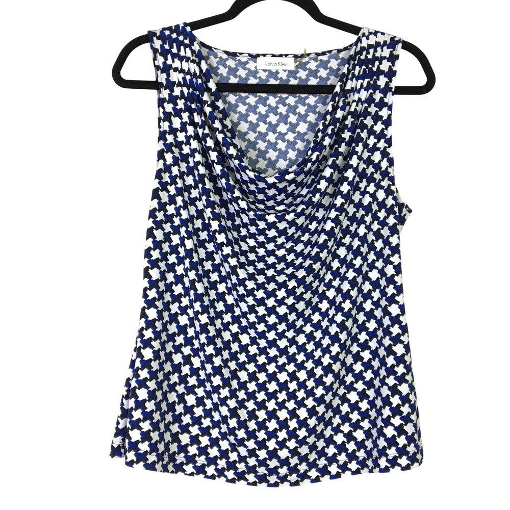 Calvin Klein Houndstooth Cowl Neck Sleeveless Top Large Blue Black White